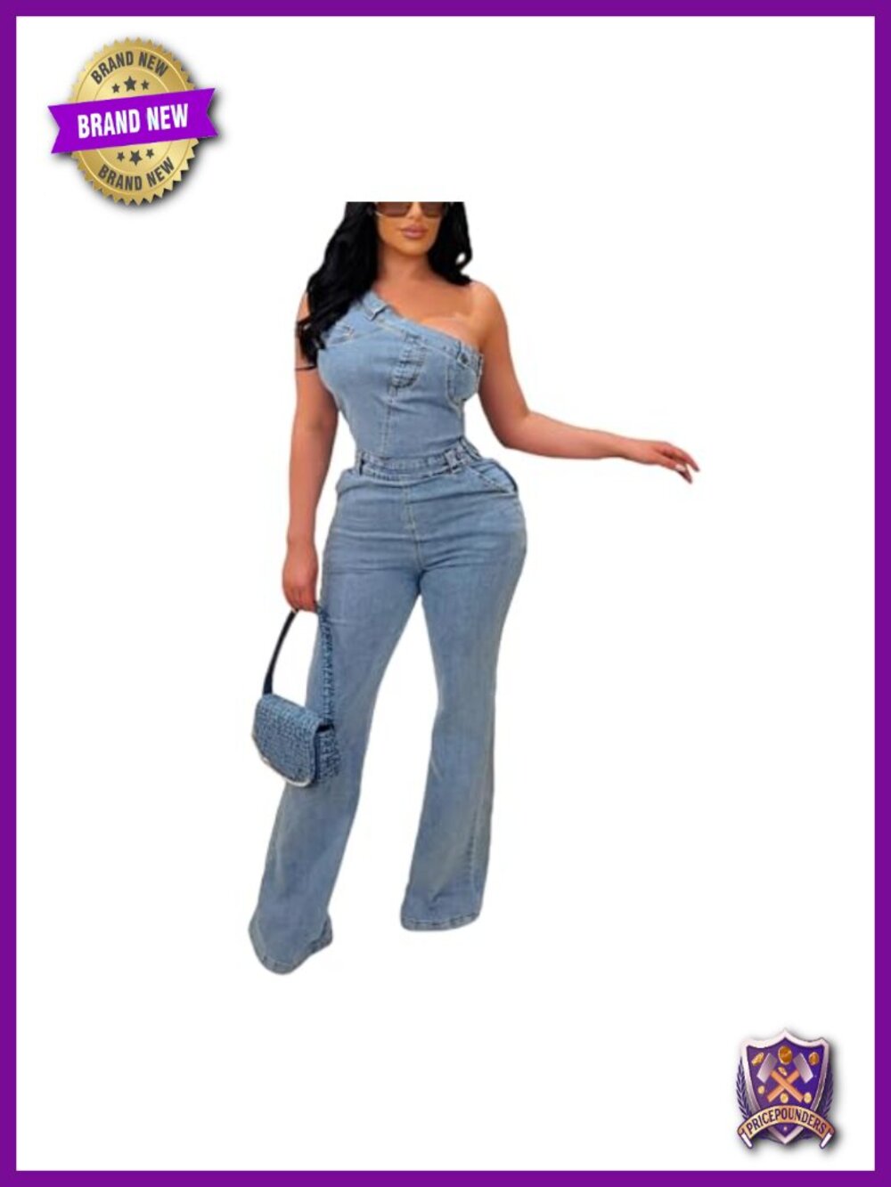 One Shoulder Denim Jumpsuit Sleeveless Skinny Waist Wide Leg Flare Stretch